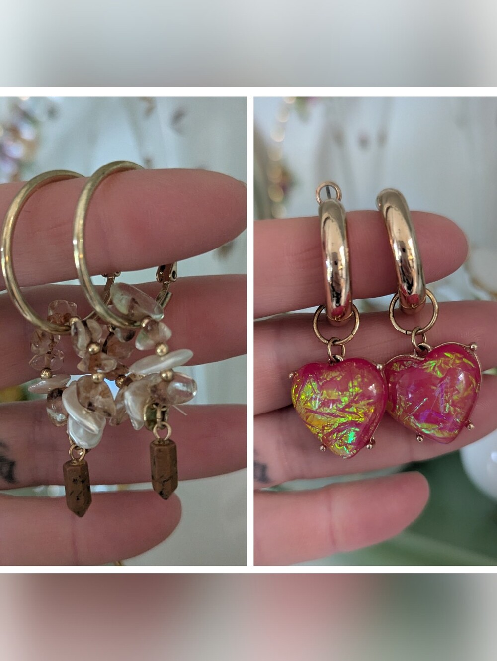 ✨💕2 PR Urban Outfitters Adorned Gold Hoop Earrings Heart Charms Stones Crystals